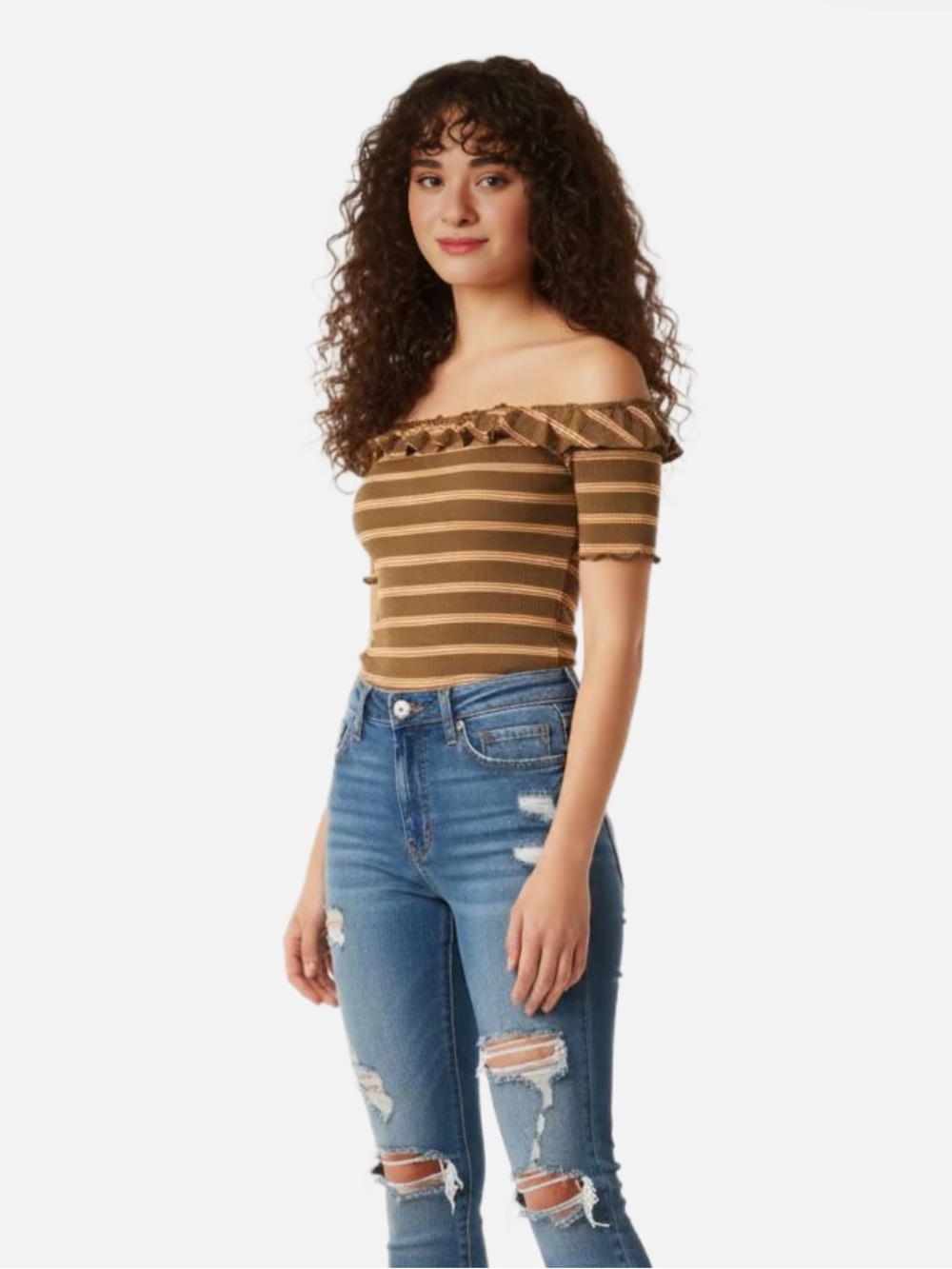 Dark Green Striped Off The Shoulder Flared Hem Design Top size S